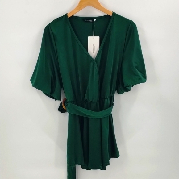 BloomChic blouse v neck green 14-16 pocket puff sleeve with belt snap closure - Picture 1 of 9